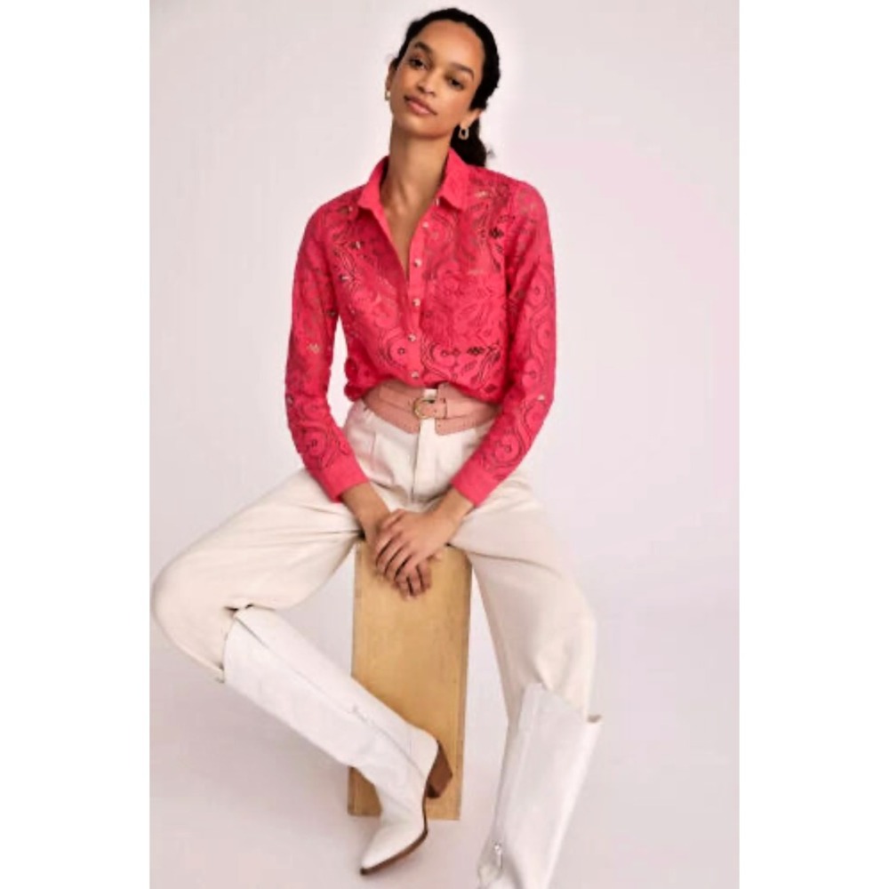 Anthropologie Pink Lace Button-Up Blouse